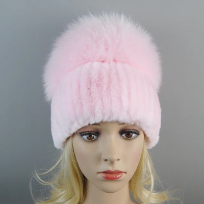 New Winter Lady Brand Hand Make Real Genuine Fox Fur Hat Scarf Girls Natural Real Rex Rabbit Fur Ring Cap Real Fur Scarves Hats