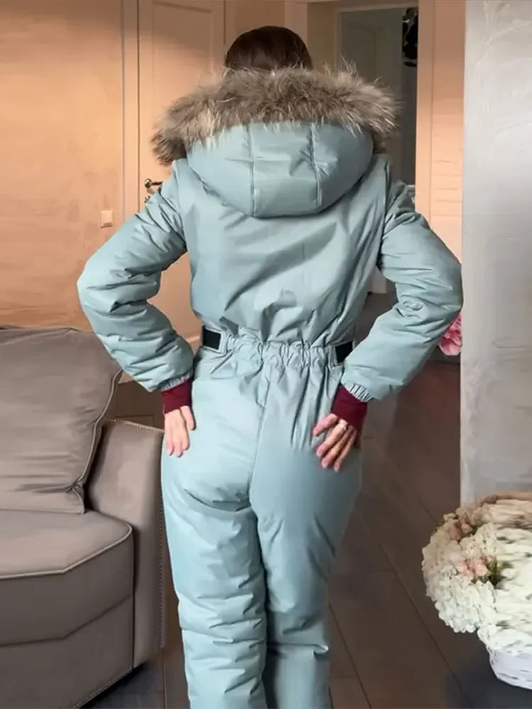 Casual Fur Hooded Patchwork Ski Jumpsuits Women Slim Thicken Zippers Belts Lady Jumpsuit 2026 Autumn Winter Chic Female Skiwear