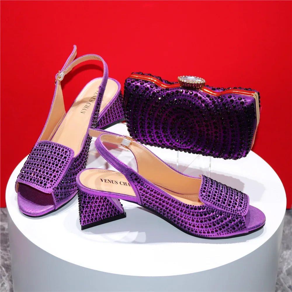 High Heels Shoes for Women Embroidery Rhinestone Italian Design Blue Color Pointed Toe Shoes and Bags Set Fashion