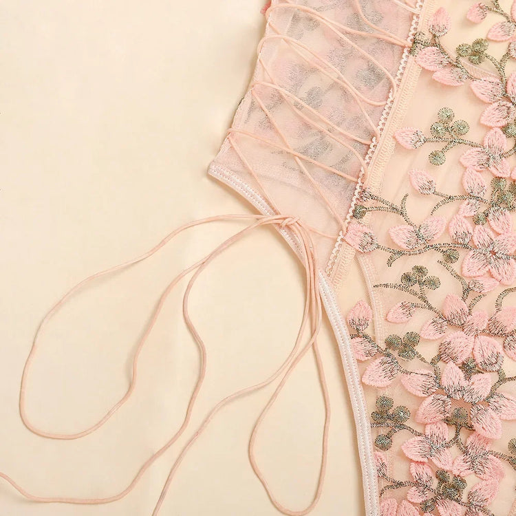 Porn Women Bandage Floral Embroidery Lace See Through Bodysuit String Lace Up Sexy Lingerie Romper Teddies Femme