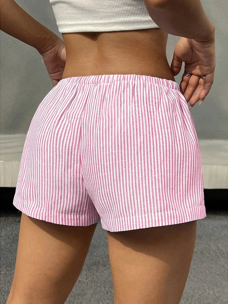 Elegant Beach Party Club Shorts Fashion Women Striped 2026 New Summer Drawstring Pocket Short Pant Casual Loose Wide Leg Pants