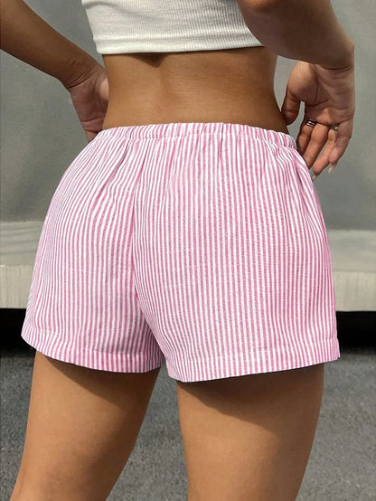 Elegant Beach Party Club Shorts Fashion Women Striped 2026 New Summer Drawstring Pocket Short Pant Casual Loose Wide Leg Pants