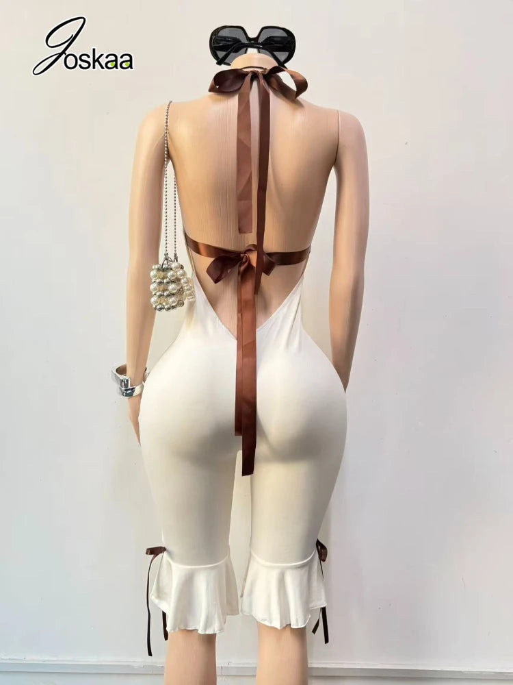 Joskaa Bowknot Decorate Halter Apricot Jumpsuit Women Hipster Sexy V-neck Backless Bandage Skinny Rompers Beach Holiday Clubwear