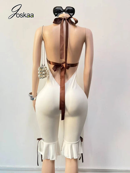 Joskaa Bowknot Decorate Halter Apricot Jumpsuit Women Hipster Sexy V-neck Backless Bandage Skinny Rompers Beach Holiday Clubwear