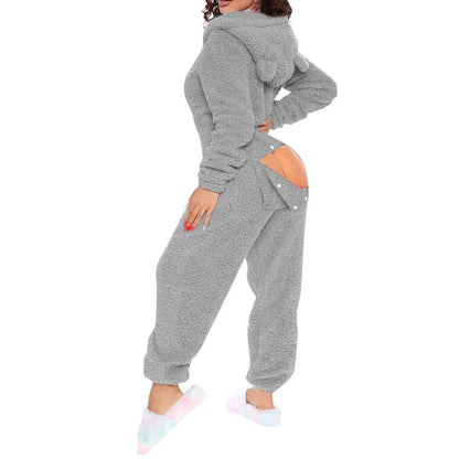 Sexy Cute Plush Autumn Winter Long Sleeve Hooded Romper Back Butt Bum Open Ass Flap Plush Jumpsuit Women Thick Sleepwear