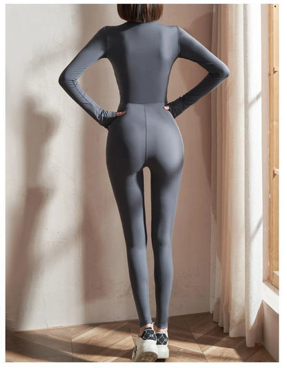 Womens Jumpsuits Long Sleeve Yoga Slim Fit Stretch One Piece Romper Sexy Fitness Female Black Basic Sportwears Tight Zipper
