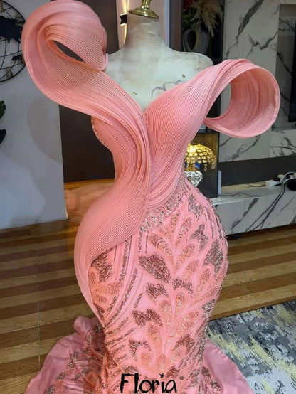 Aso Ebi Pink Evening Dresses Long Luxury Mermaid Beaded Rhinestone Leaf Red Chic Birthday Prom Party Gown for Wedding Customized