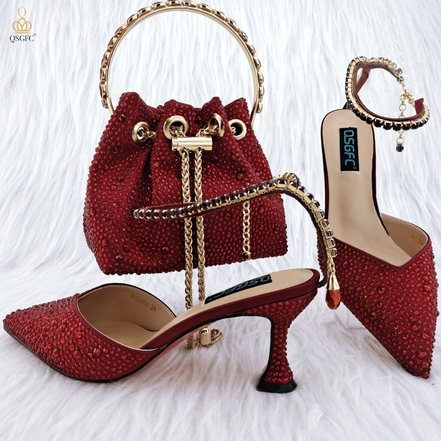 QSGFC Nigerian Popular Pointed Shoes And Bag Handle Soft Small Bag Anklet Design Mid-Heel Women's Shoes