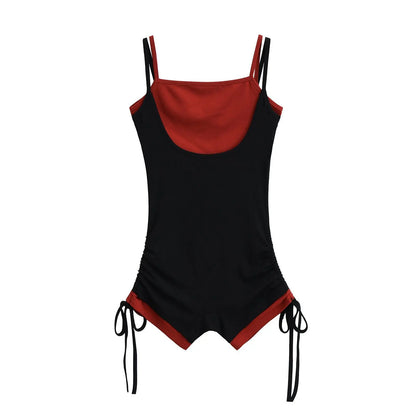 American Style Street Hot Girl Sexy Suspender Jumpsuit Shorts Color Blocked Fake Two-piece Design Sense Fitness Yoga Jumpsuit