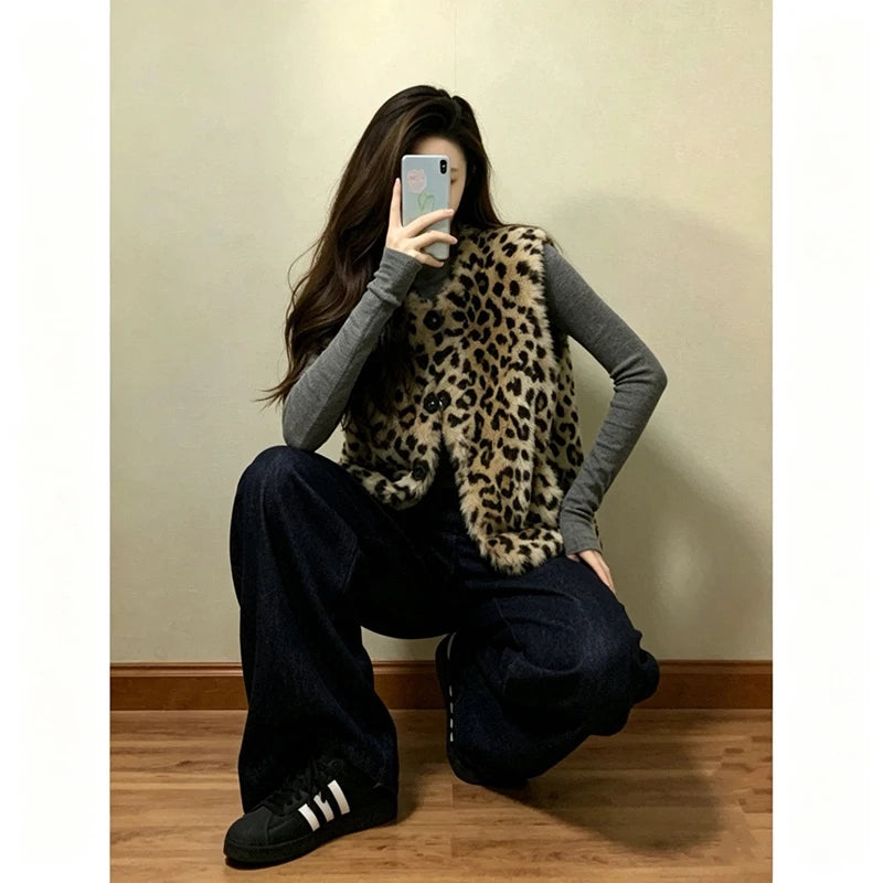 Faux Fur Y2K Leopard Vest Women Loose Vintage Winter Warm O Neck Streetwear Vests Casual Harajuku American Retro Lady Vest Coat