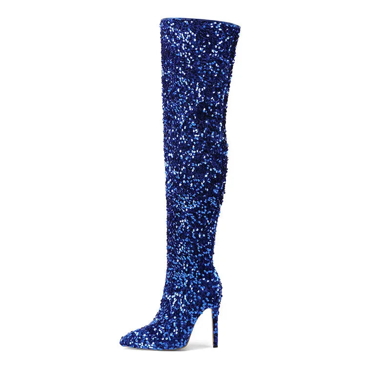 Over-the-Knee Boots for Women Pink Sequins Point Toe Boots Thin High-heeled Purple Thigh Long Boots Sexy Zip Heels Stiletto Shoe