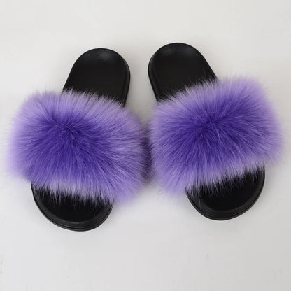 Women's Summer Faux Fur Fox Fur Slippers Fashion Luxury Indoor and Outdoor Non-Slip Solid Color Flat Bottom Furry Sandals