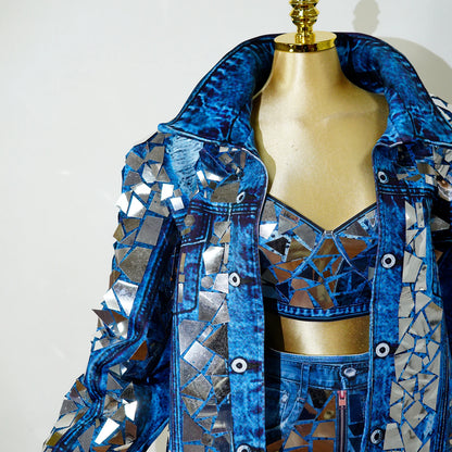 Blue Cowboy Mirror Jacket Women Shiny Stage Performance Costume Party Dance Nightclub Rave Singer DJ Hip Hop Dance Outfit