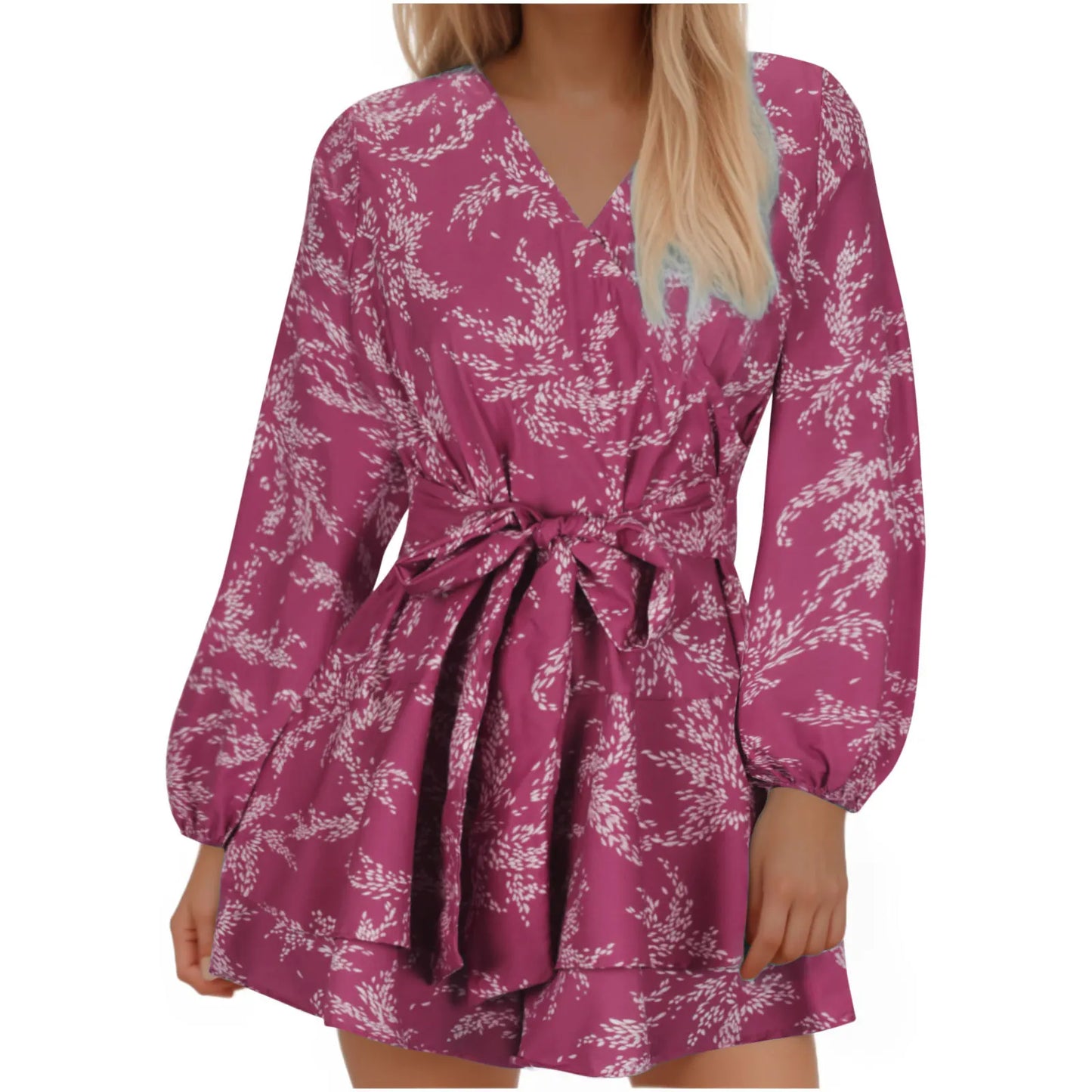Hot-selling Women's Jumpsuits V-neck Flared Sleeves High Waist Plant Printed Pleated Lace-up Fashion High Street Playsuits