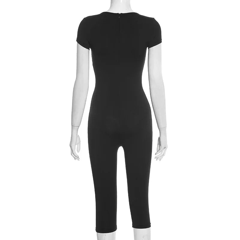 Short Sleeve Sexy Club Party Jumpsuit Women Y2K Casual Autumn Winter V Neck Bodycon Black Overalls Rompers Streetwear Vacation