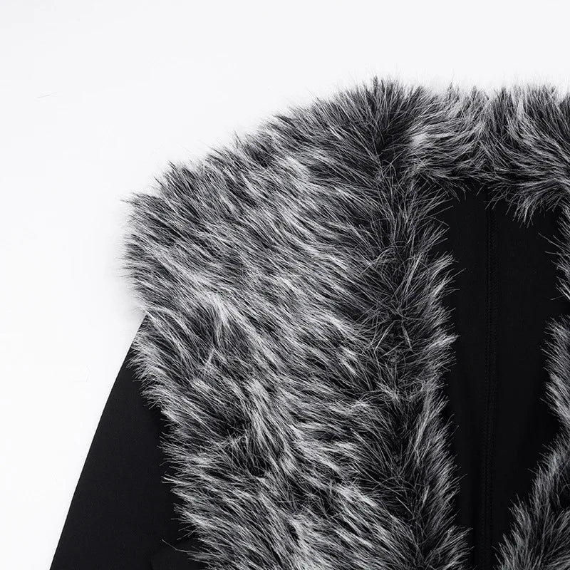FAGADOER Women Bodycon One Piece Jumpsuit Faux Fur Patchwork Trim Deep V Long Sleeve Stretch Slim Fit Sexy Streetwear Outfit New