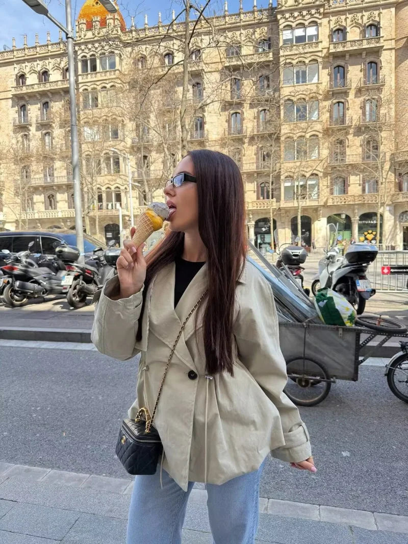 ETJ 2026 Women Casual Trench Coat Short Style Drawstring Waist Jacket Fashion Office Lady Spring Autumn Coat