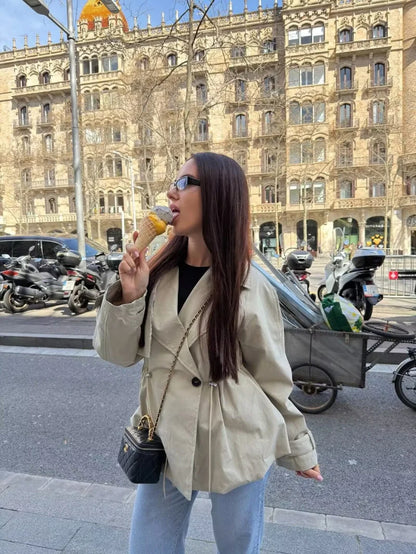 ETJ 2026 Women Casual Trench Coat Short Style Drawstring Waist Jacket Fashion Office Lady Spring Autumn Coat
