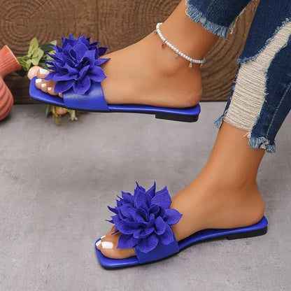 Women Flat Slippers 2026 Summer New Solid Color Sandals Flowers Open Toes Slippers Casual Fashionable Beach Shoes Slides Women