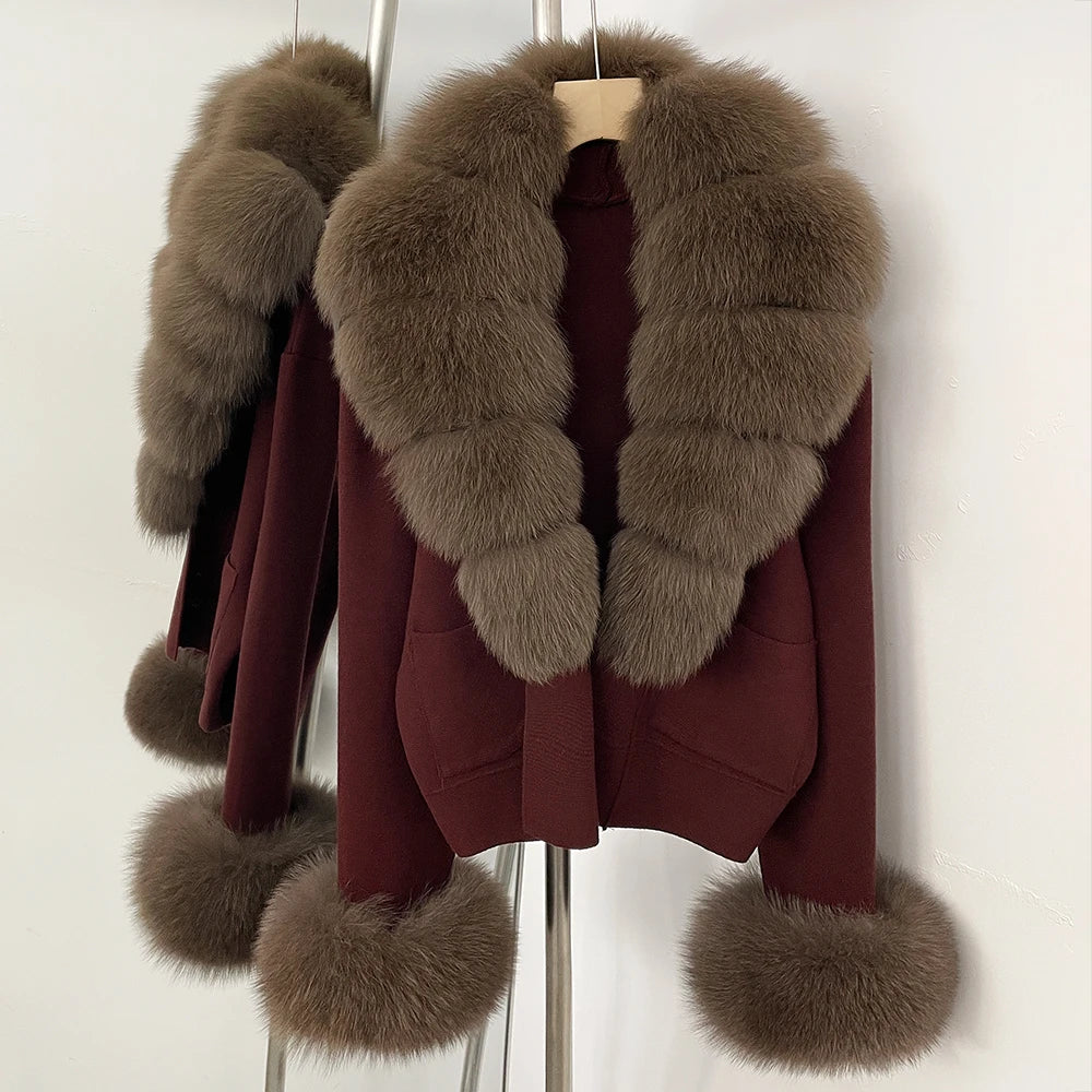 OFTBUY Loose Fit Warm Winter Fashion Lady Outerwear Sweater Female 2025 New Women's Knit Cardigan with Large Real Fox Fur Collar