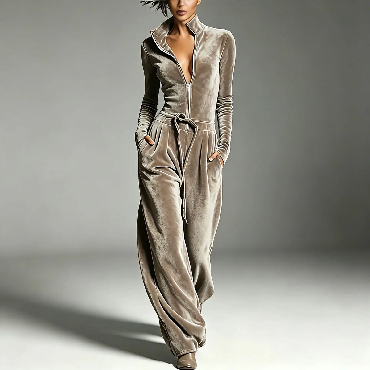 Women Solid Jumpsuit Autumn Fashion Stand Collar Zipper Long Sleeve Drawstring Waist Wide Leg Romper Casual Streetwear Jumpsuits