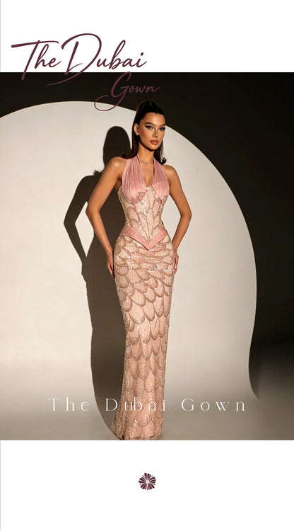 Elegant Pink Halter Neck Strapless Sleeveless Floor Length Mermaid Formal Gown Featuring Sequin and Bead Embellishments