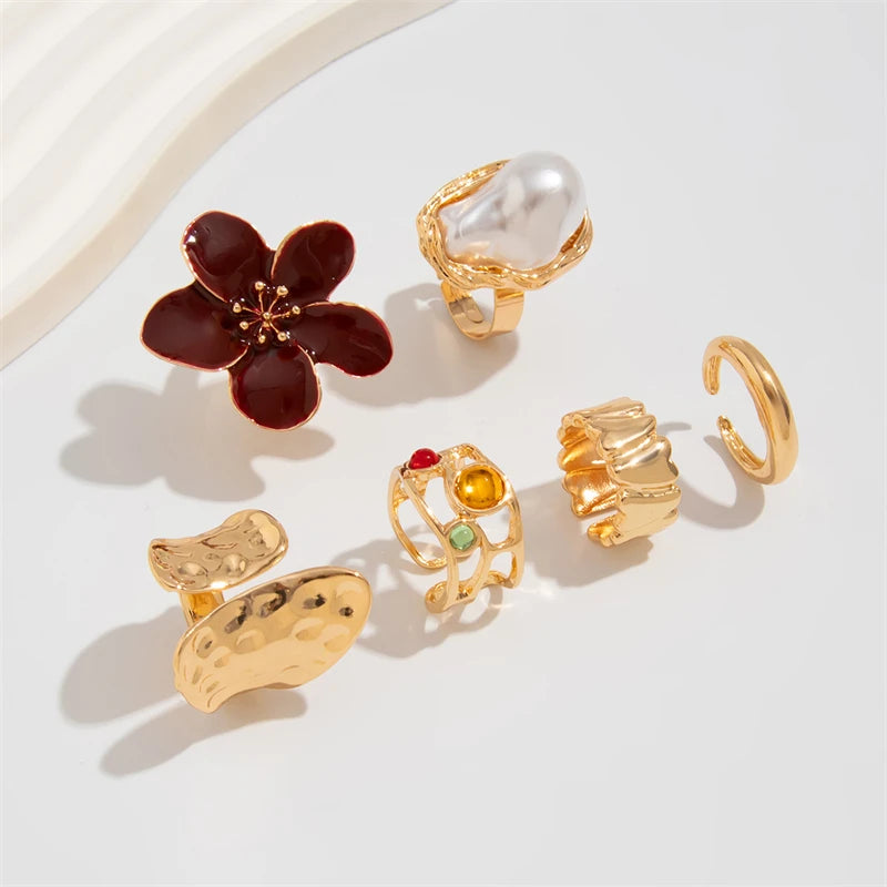 8Pcs/Set Vintage Pink Metal Flower Ring Set for Women Punk Elegant Baroque Pearl Knuckle Joint Ring Party Daily Wear Jewelry
