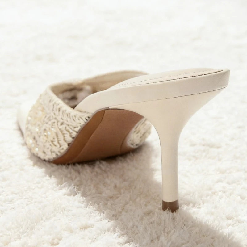 Elegant String Bead Decoration Heeled Sandals Women Sexy Pointed Toe Mesh Woven Slippers Summer Luxury Designer Shoes for Ladies