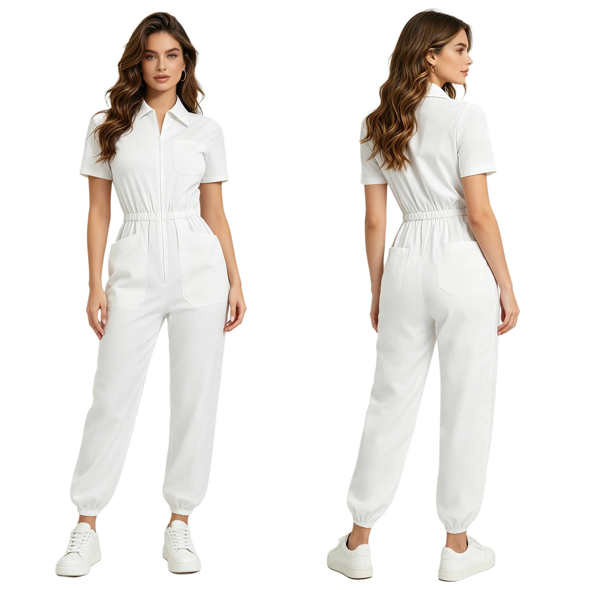 Womens Scrubs Jumpsuit Soft Stretch Medical Scrub Set with Pockets Front Zipper Elastic Waist Jogger Pants Nurse Doctor Workwear