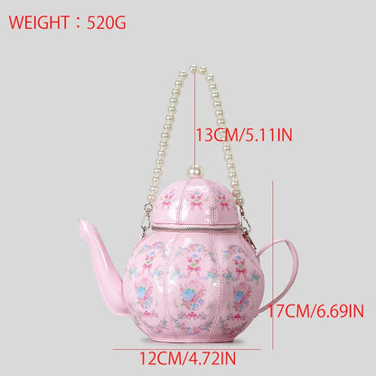 Creative Vintage Printed Teapot Design Women Handbags Pearls Chains Shoulder Bag Designer Luxury Crossbody Bag Small Buckets Bag