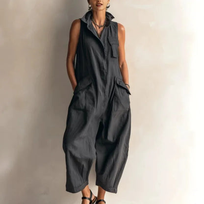 Jumpsuits Women Rompers Summer Fashion Sleeveless Lapel Loose Comfortable Solid Pocket Vacation Casual Jumpsuits Womens Clothing