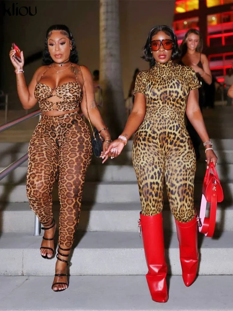 kliou Sexy Printed Women Jumpsuits Fashion New Back Hollow Full Sleeve Stand Collar Slim Overalls Female Midnight Party Clubwear