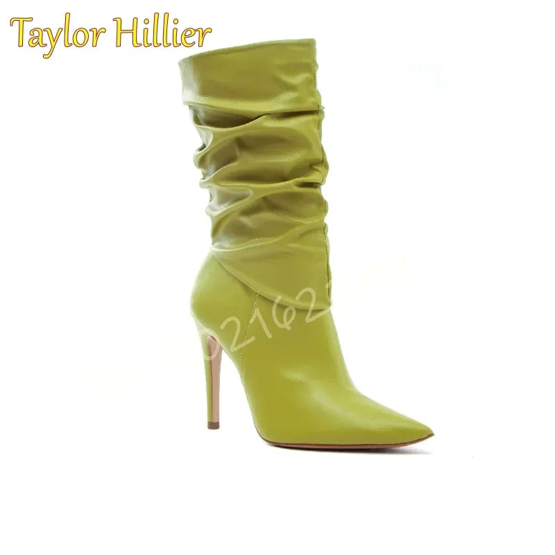 Autumn Avocado Color Pleated Short Boots Pointed Toe Stiletto Side Zipper Mid-Calf Nude Boots Catwalk Party Formal Boots Women