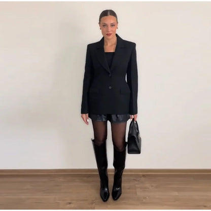 Elegant Shoulder Pad Slim Suit Jackets Women Solid Lapel Long Sleeved Jacket Female 2025 Spring Chic Daily Style Outwears Tops