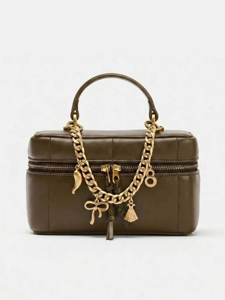 Womens Vintage National PU Leather Waterproof Quilted Chain Bag Black Crossbody Bag Bell Charm Top Handle for Date