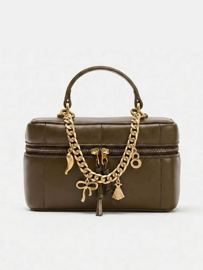 Womens Vintage National PU Leather Waterproof Quilted Chain Bag Black Crossbody Bag Bell Charm Top Handle for Date