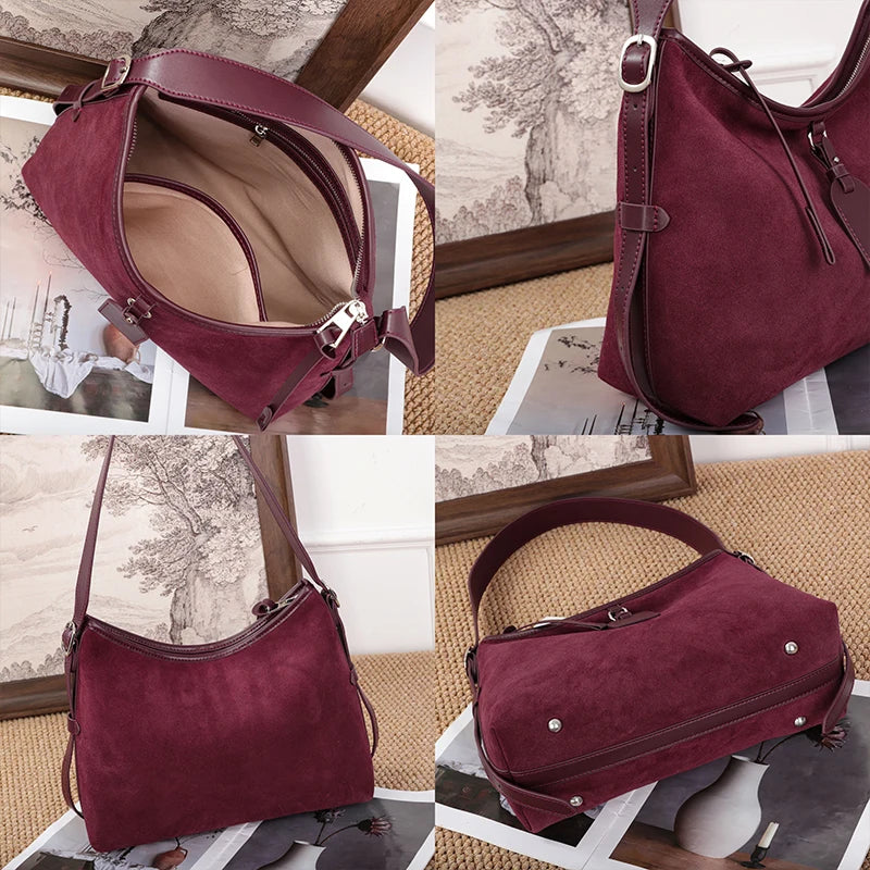 Winter Women's Natural Suede Leather Classic Underarm Bag Female Soft Cowhide Durable Handbags Ladies Luxury Designer Bags