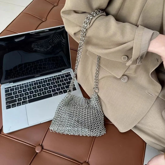 Metallic Hauberk Shoulder Bag Woven Ring Tote Chain Mail Designer Purses and Handbags Handmade Hollow Crossbody Bags for Women