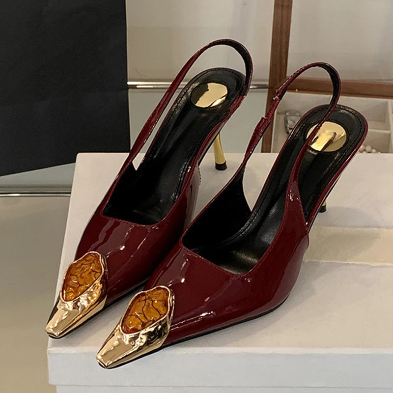 Liyke Fashion Design Inlay Gems Pointed Toe Patent Leather Sexy Slingback Sandals Women Pumps High Heels Wedding Banquet Shoes