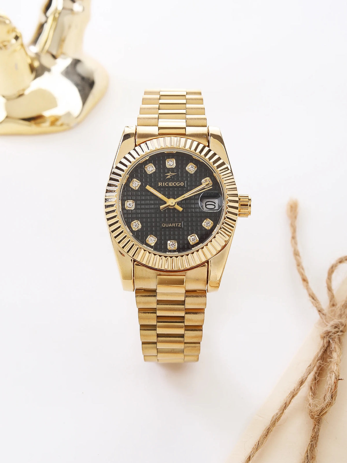 Business Diamond Inlaid Quartz Watch with Calendar Display, Metal Strap, Three-Dimensional Texture Dial, Wear-Resistant Design