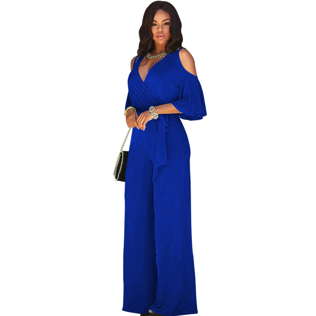 2024 Spring/Summer New Women's jumpsuit loose and elastic V-neck off shoulder waist loose wide leg pants for women's clothing