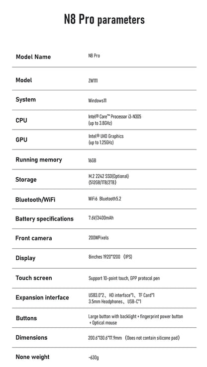 Zwide pocket book N8 Pro Intel i3-N305 touch screen 8 inch IPS 1920x1200 pixels FHD 16GB LPDDR5 mini notebook 360° flip yoga