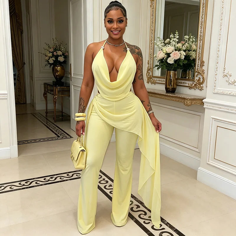 Fake two piece chiffon spliced hanging neck strap and ribbon jumpsuit pants