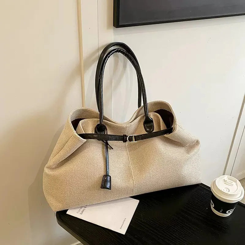 CLAREGQI  Women's Large Capacity Canvas Tote Bag, Leather Handle Shoulder Underarm Bag, Versatile Casual Commuter & Travel Handb