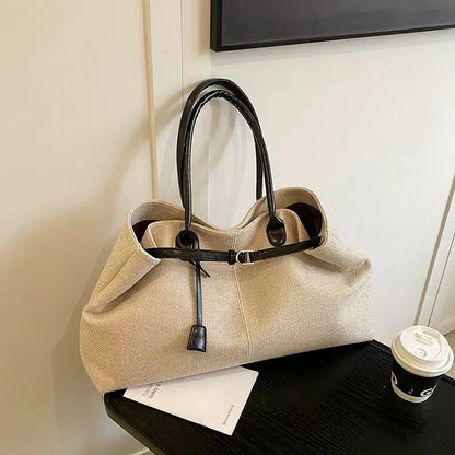 CLAREGQI  Women's Large Capacity Canvas Tote Bag, Leather Handle Shoulder Underarm Bag, Versatile Casual Commuter & Travel Handb