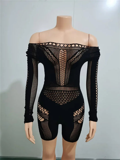 Women Sexy Black White Club Outfits Jumpsuit for Women Long Sleeves Mesmerizing Mesh Hollow Stretch Short Rompers
