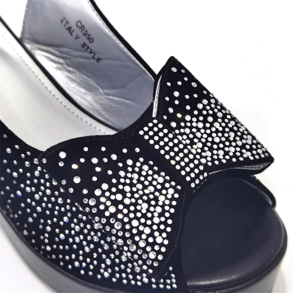 2024 Silver Fashion Square Heels with Platform African Women Shoes and Bag Set Full Crystal Pumps for Wedding Party