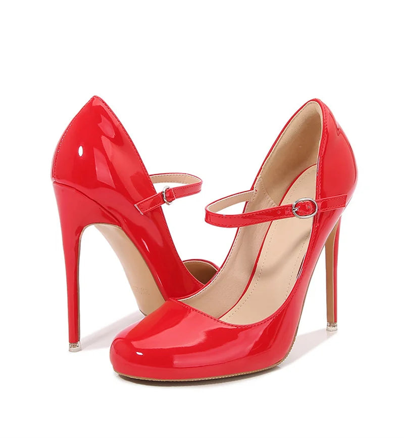 Liyke Big Size 44 45 46 Patent Leather Stiletto High Heels For Ladies Party Prom Shoe Fashion Round Toe Buckle Strap Women Pumps