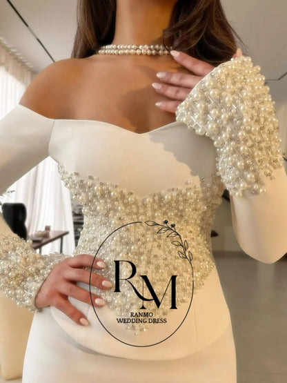Ranmo Luxury Beading Pearls Evening Dress Customized Full Sleeve  Sweetheart Mermaid Formal Party Dress Off Shoulder Prom Gown