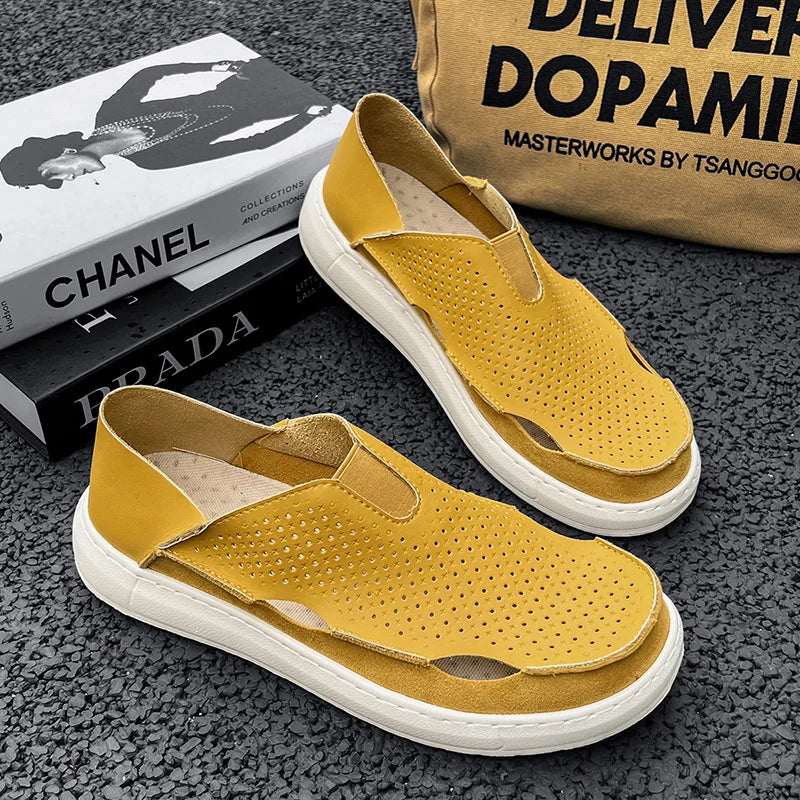 Mens Sandals Summer Handmade Leather Daily Wear Fashionable Walking Shoes Breathable Odor Proof Casual Loafers Plus Size Male